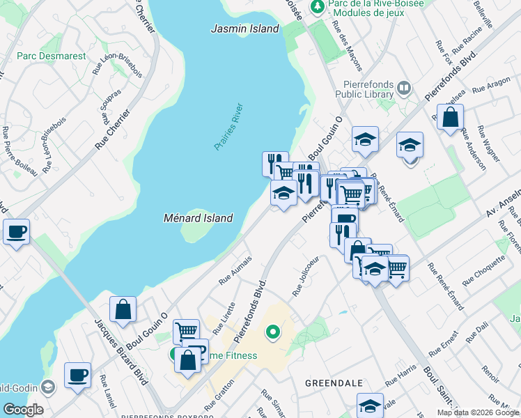 map of restaurants, bars, coffee shops, grocery stores, and more near 14621 Boulevard Gouin Ouest in Montréal