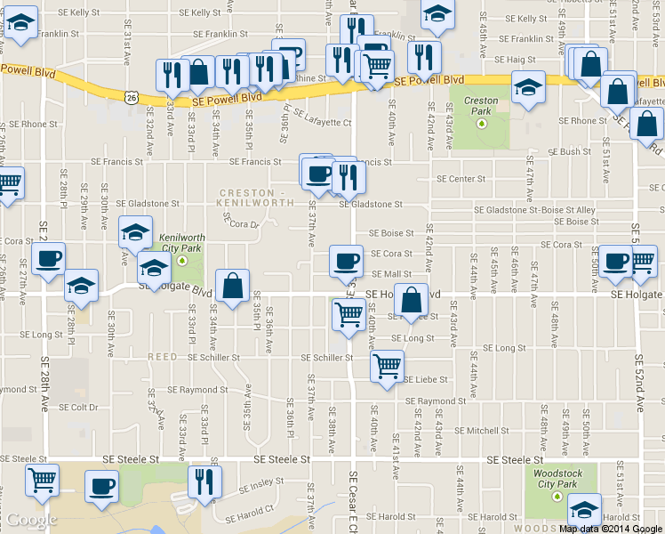 map of restaurants, bars, coffee shops, grocery stores, and more near 3805 Southeast Mall Street in Portland