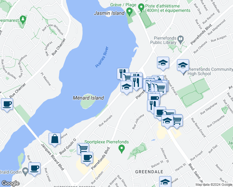 map of restaurants, bars, coffee shops, grocery stores, and more near 14621 Boulevard Gouin Ouest in Montréal