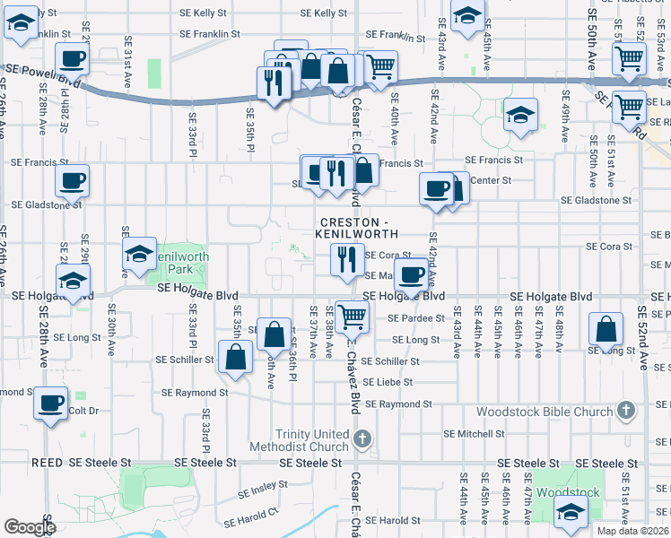map of restaurants, bars, coffee shops, grocery stores, and more near 3805 Southeast Mall Street in Portland