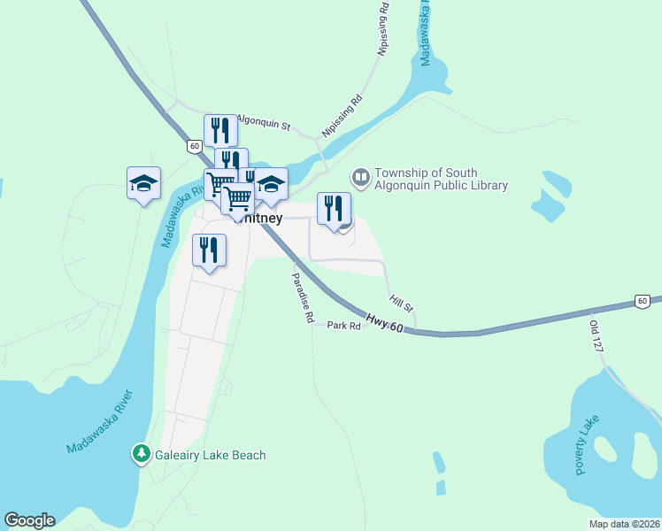 map of restaurants, bars, coffee shops, grocery stores, and more near 105 Hill Street in Whitney