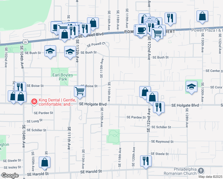 map of restaurants, bars, coffee shops, grocery stores, and more near 4331 Southeast 117th Avenue in Portland