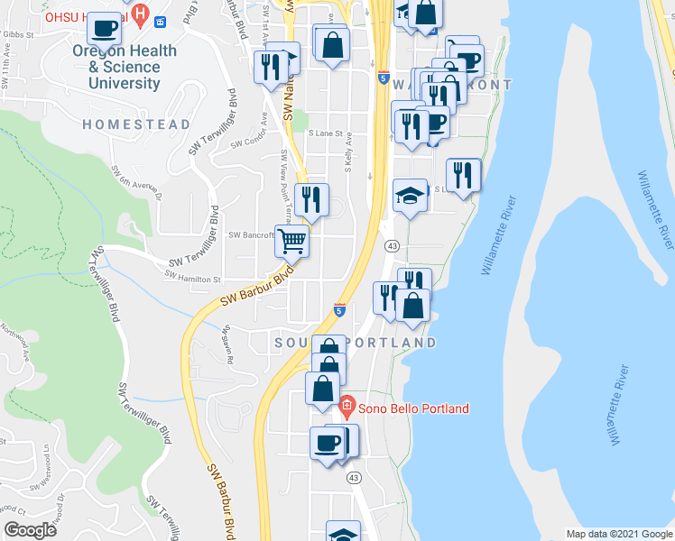 map of restaurants, bars, coffee shops, grocery stores, and more near 224 South Hamilton Street in Portland
