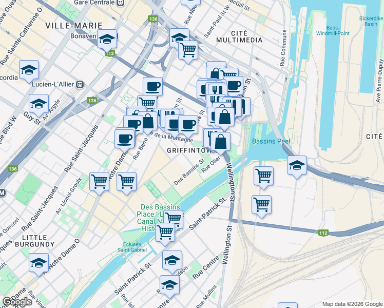 map of restaurants, bars, coffee shops, grocery stores, and more near 1375 Rue des Bassins in Montréal