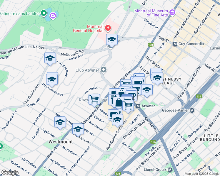 map of restaurants, bars, coffee shops, grocery stores, and more near 3025 Rue Sherbrooke Ouest in Montréal