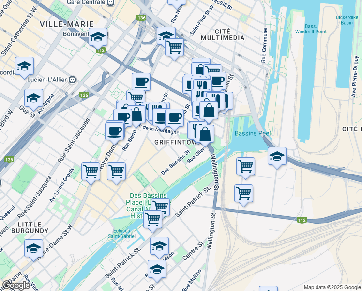 map of restaurants, bars, coffee shops, grocery stores, and more near in Montreal
