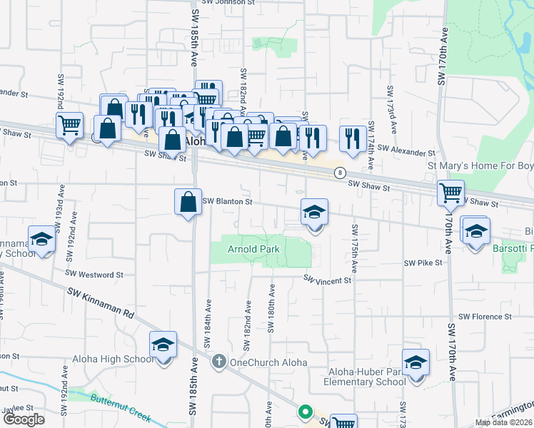 map of restaurants, bars, coffee shops, grocery stores, and more near 3914 Southwest Pinewood Way in Aloha