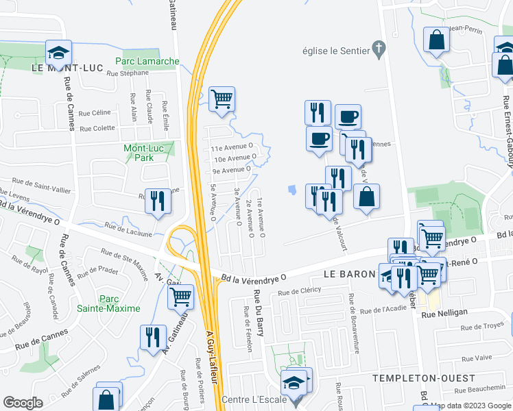 map of restaurants, bars, coffee shops, grocery stores, and more near 131 1re Avenue Ouest in Gatineau