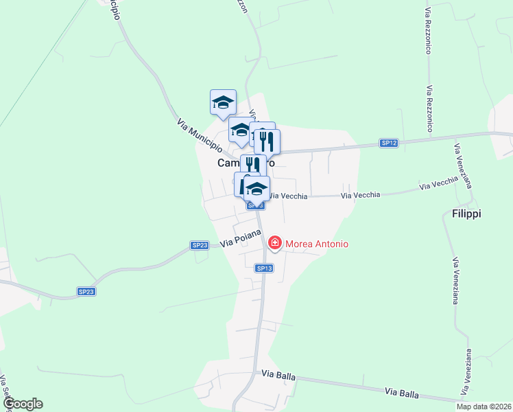 map of restaurants, bars, coffee shops, grocery stores, and more near in Campodoro