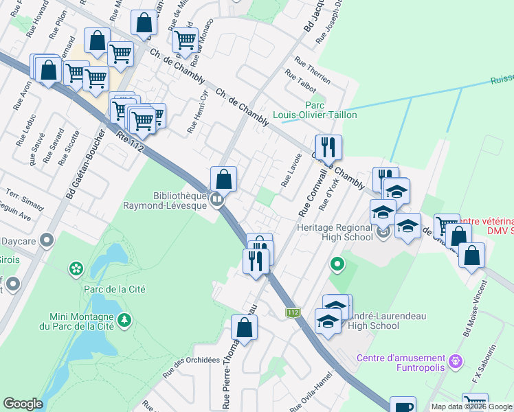 map of restaurants, bars, coffee shops, grocery stores, and more near 2705 Rue Racine in Longueuil
