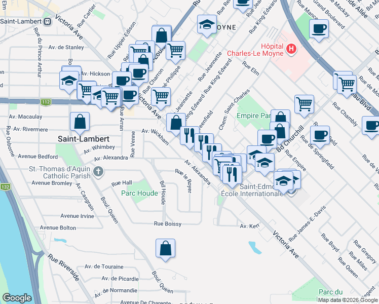 map of restaurants, bars, coffee shops, grocery stores, and more near 1333 Avenue Victoria in Saint-Lambert