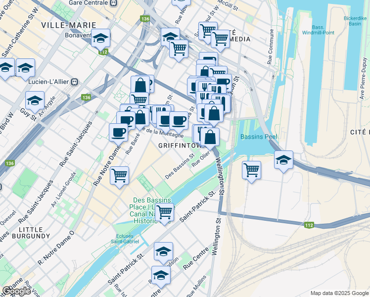 map of restaurants, bars, coffee shops, grocery stores, and more near in Montreal