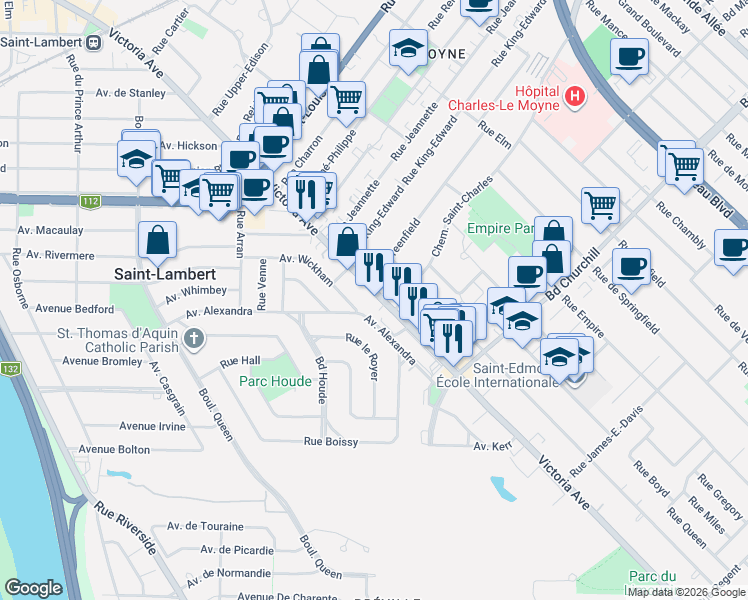 map of restaurants, bars, coffee shops, grocery stores, and more near 1333 Avenue Victoria in Saint-Lambert