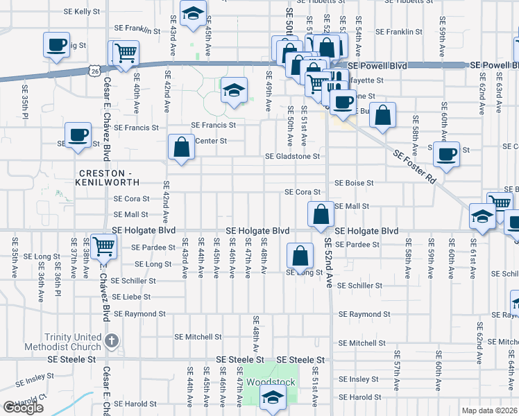 map of restaurants, bars, coffee shops, grocery stores, and more near 4229 Southeast 48th Avenue in Portland