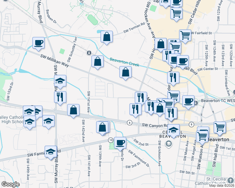 map of restaurants, bars, coffee shops, grocery stores, and more near 13643 Southwest Electric Street in Beaverton