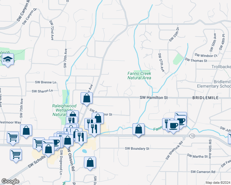 map of restaurants, bars, coffee shops, grocery stores, and more near 4423 Southwest Semler Way in Portland