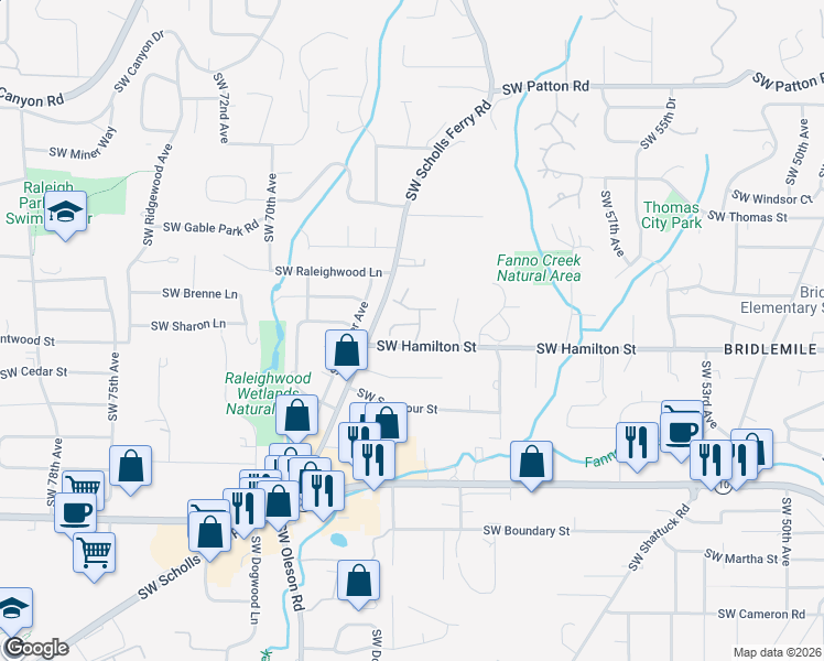 map of restaurants, bars, coffee shops, grocery stores, and more near 4411 Southwest 63rd Avenue in Portland