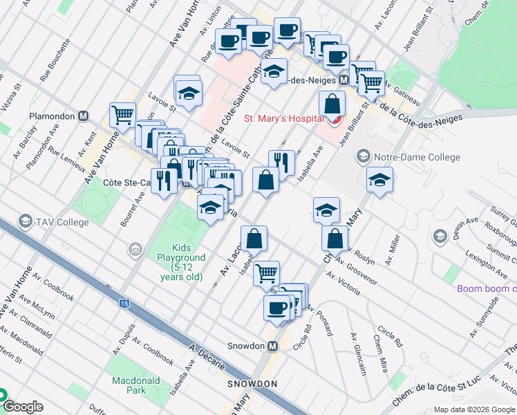 map of restaurants, bars, coffee shops, grocery stores, and more near 4711 Avenue Lacombe in Montréal
