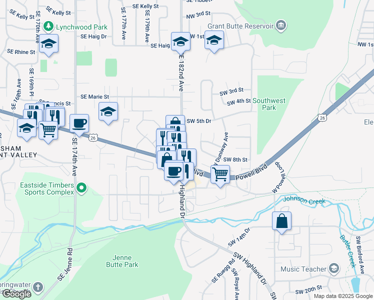 map of restaurants, bars, coffee shops, grocery stores, and more near 4100 Southeast 182nd Avenue in Gresham
