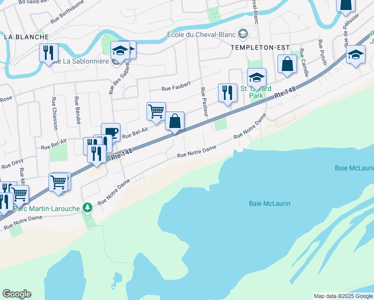 map of restaurants, bars, coffee shops, grocery stores, and more near 1125 Rue Notre Dame in Gatineau
