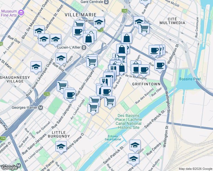 map of restaurants, bars, coffee shops, grocery stores, and more near 1431 Rue Notre-Dame Ouest in Montréal