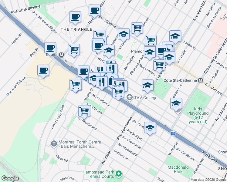 map of restaurants, bars, coffee shops, grocery stores, and more near 6521 Boulevard Décarie in Montréal