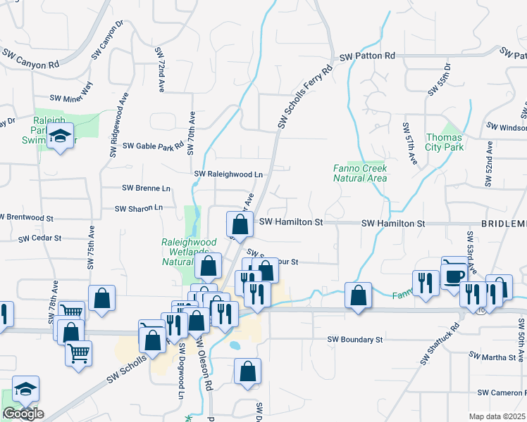 map of restaurants, bars, coffee shops, grocery stores, and more near 6505 Southwest Santa Monica Court in Portland