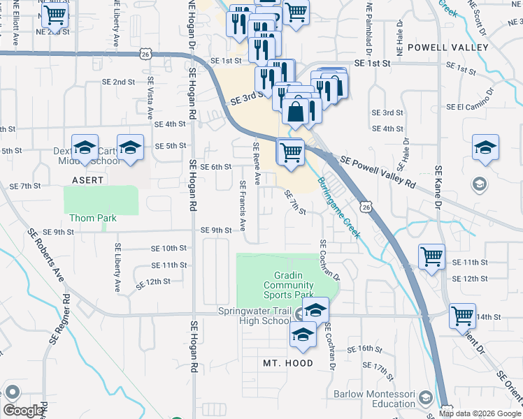 map of restaurants, bars, coffee shops, grocery stores, and more near 2288 Southeast 7th Street in Gresham