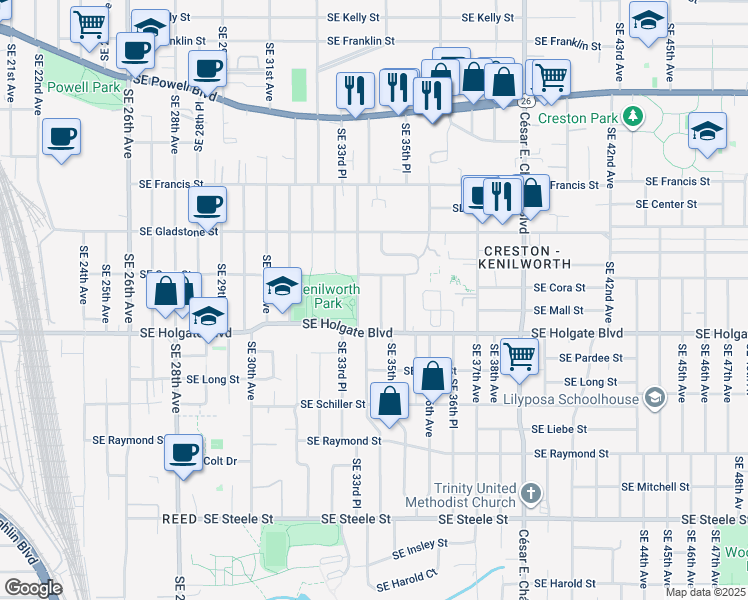 map of restaurants, bars, coffee shops, grocery stores, and more near 4306 Southeast 34th Avenue in Portland