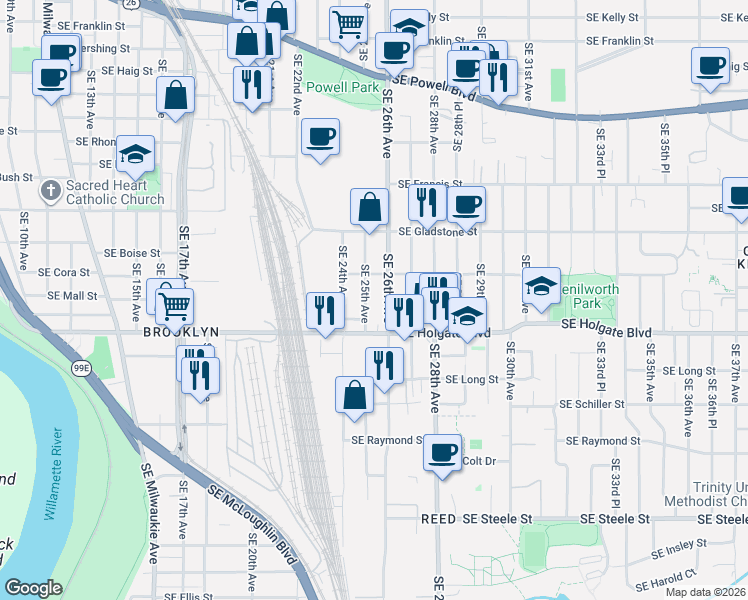 map of restaurants, bars, coffee shops, grocery stores, and more near 2528 Southeast 28th Avenue in Portland