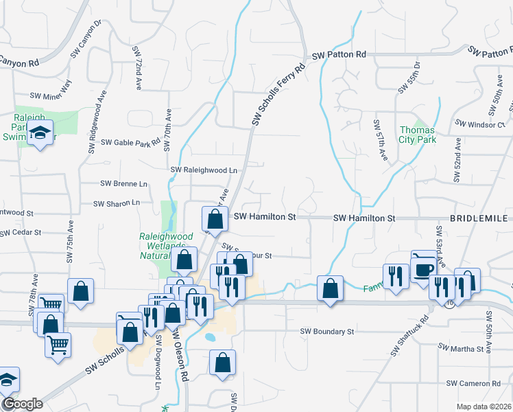 map of restaurants, bars, coffee shops, grocery stores, and more near 6432 Southwest Bancroft Street in Portland