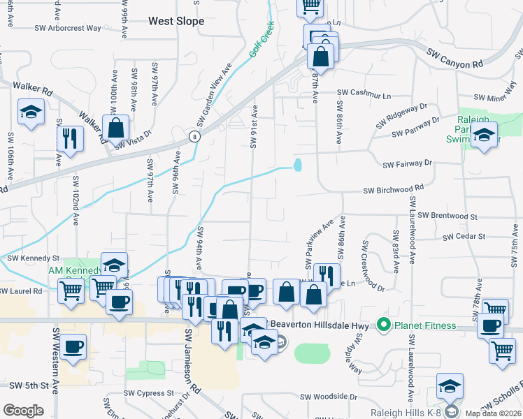 map of restaurants, bars, coffee shops, grocery stores, and more near 9095 Southwest Howatt Street in Portland