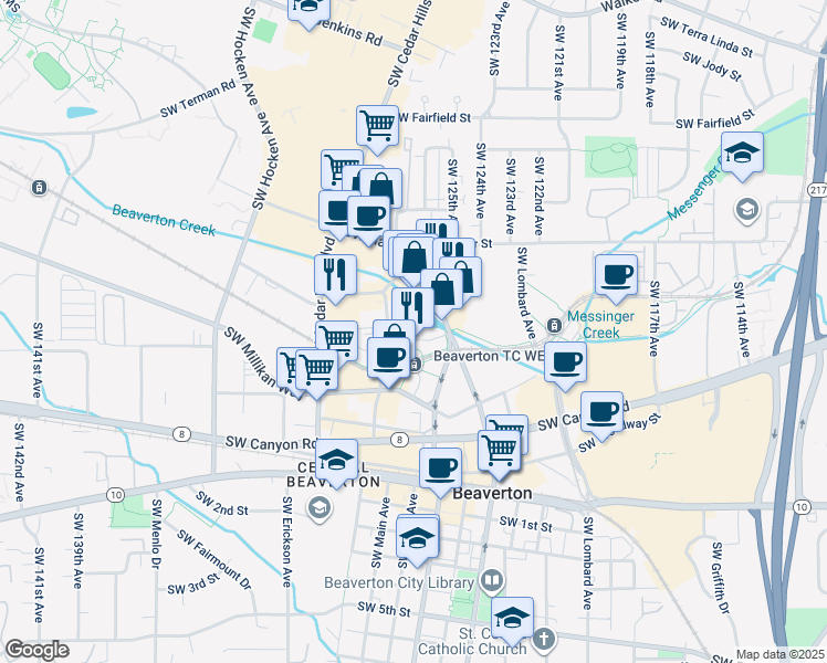 map of restaurants, bars, coffee shops, grocery stores, and more near 3867 Southwest Hall Boulevard in Beaverton