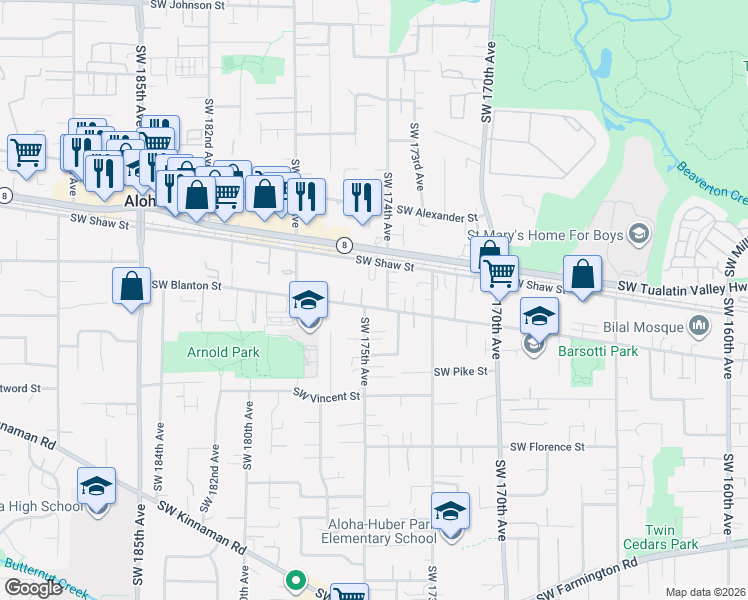 map of restaurants, bars, coffee shops, grocery stores, and more near 17420 Southwest Shaw Street in Beaverton