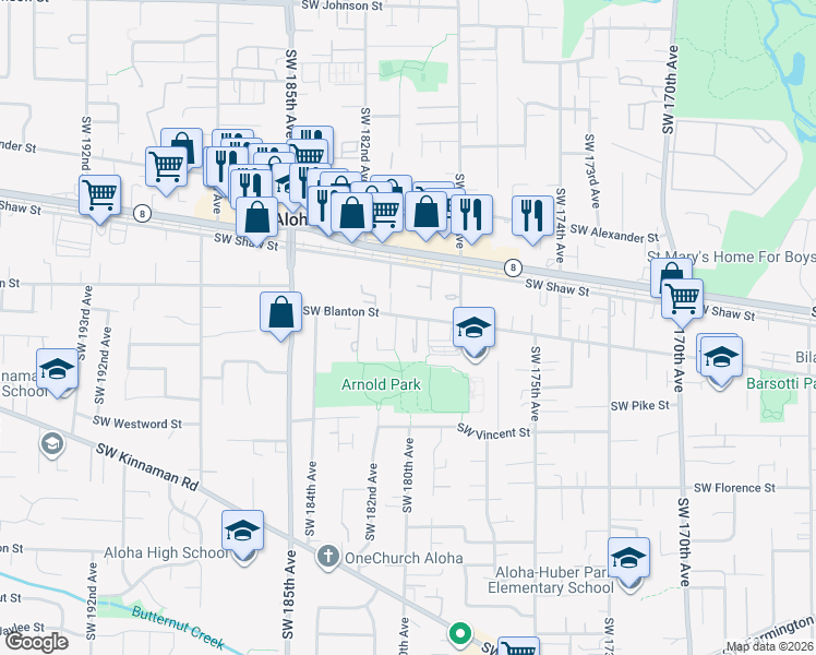 map of restaurants, bars, coffee shops, grocery stores, and more near 17985 Southwest Blanton Street in Aloha