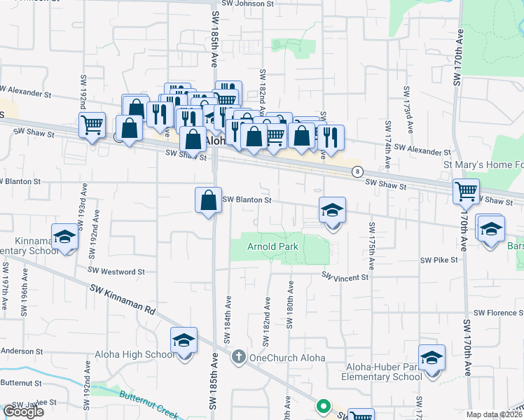 map of restaurants, bars, coffee shops, grocery stores, and more near 18265 Southwest Blanton Street in Beaverton