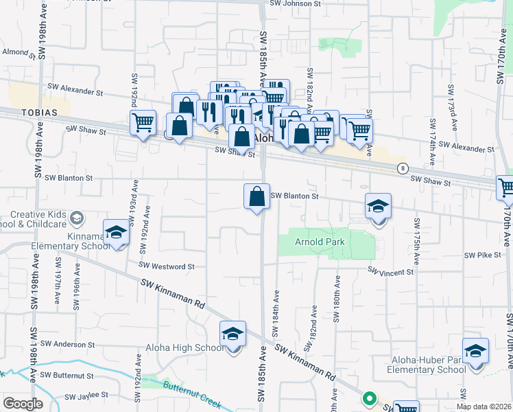 map of restaurants, bars, coffee shops, grocery stores, and more near 3855 Southwest 185th Avenue in Beaverton