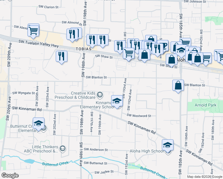 map of restaurants, bars, coffee shops, grocery stores, and more near 3855 Southwest 194th Place in Beaverton