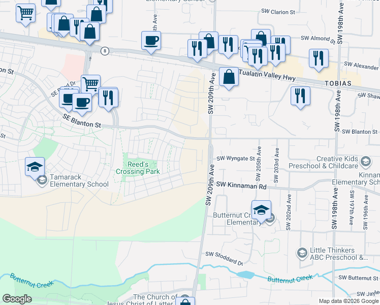map of restaurants, bars, coffee shops, grocery stores, and more near 3801-3887 Southwest 209th Avenue in Aloha