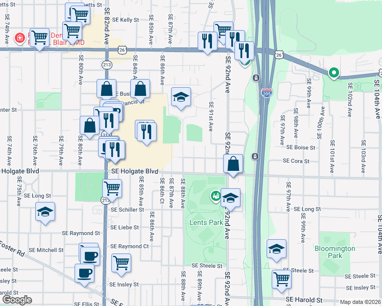 map of restaurants, bars, coffee shops, grocery stores, and more near 4206 Southeast 89th Avenue in Portland