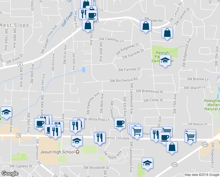 map of restaurants, bars, coffee shops, grocery stores, and more near 8475 Southwest Brentwood Street in Portland