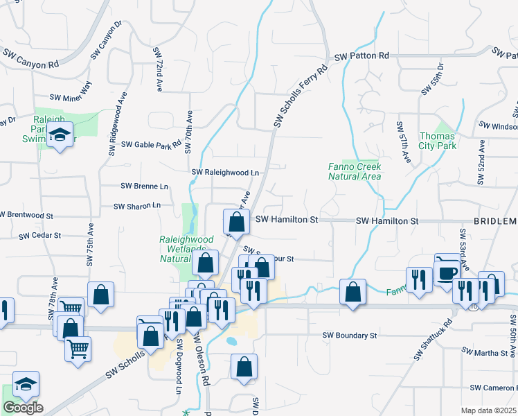 map of restaurants, bars, coffee shops, grocery stores, and more near 6505 Southwest Santa Monica Court in Portland
