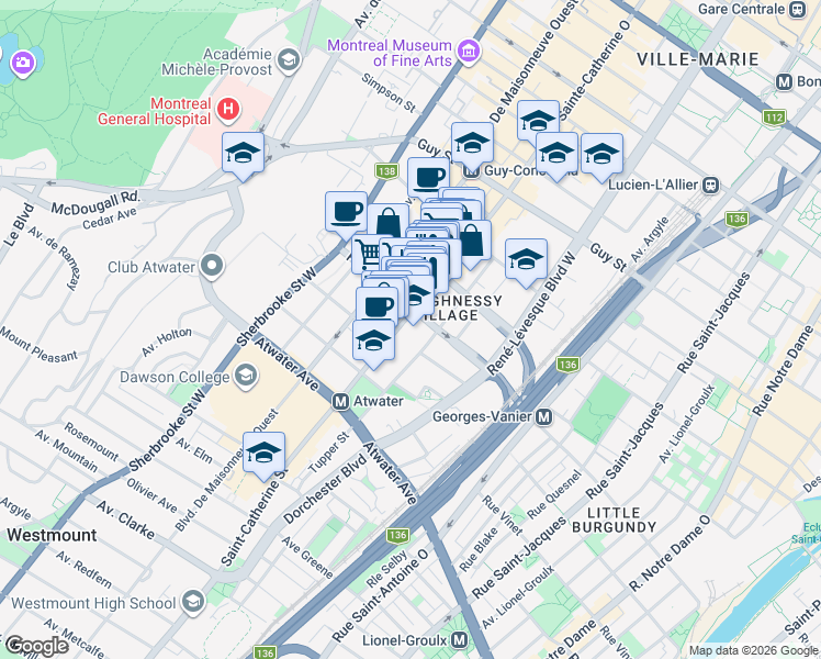 map of restaurants, bars, coffee shops, grocery stores, and more near 1390 Rue du Fort in Montréal