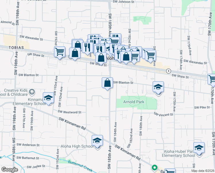 map of restaurants, bars, coffee shops, grocery stores, and more near 3855 Southwest 185th Avenue in Beaverton