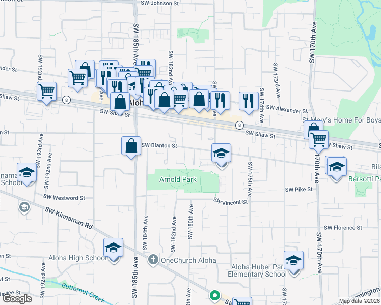 map of restaurants, bars, coffee shops, grocery stores, and more near 17985 Southwest Blanton Street in Aloha