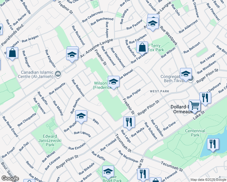 map of restaurants, bars, coffee shops, grocery stores, and more near 98 Rue Fredmir in Dollard-des-Ormeaux