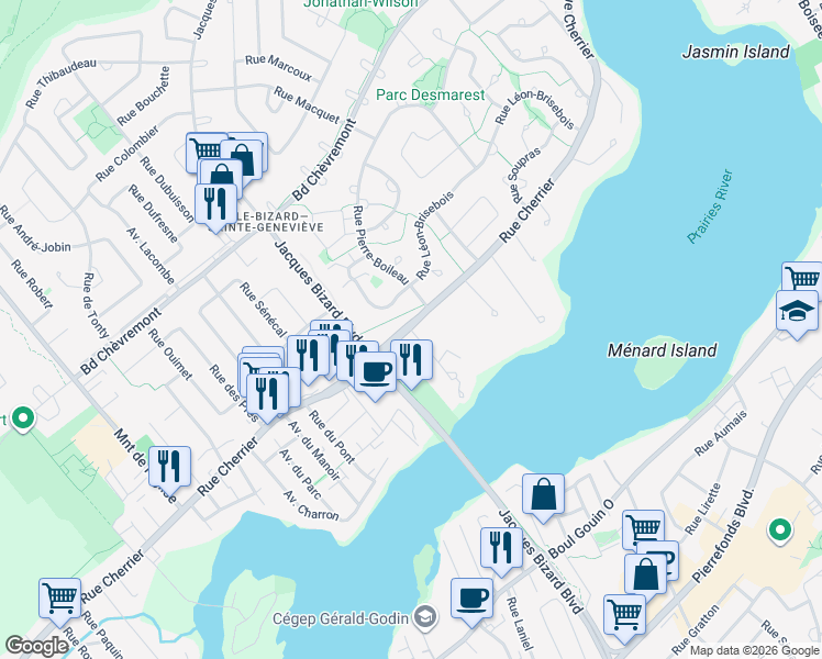 map of restaurants, bars, coffee shops, grocery stores, and more near 1 Rue Saint Pierre in Montréal
