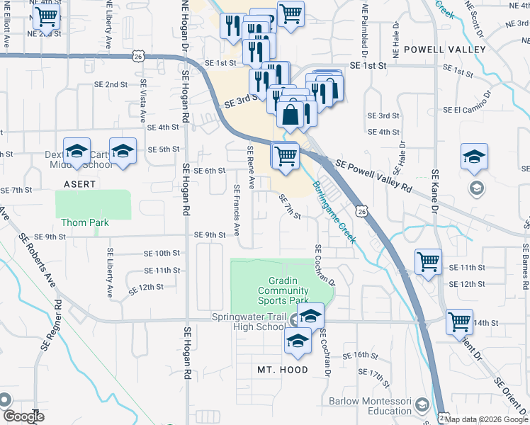 map of restaurants, bars, coffee shops, grocery stores, and more near 2288 Southeast 7th Street in Gresham