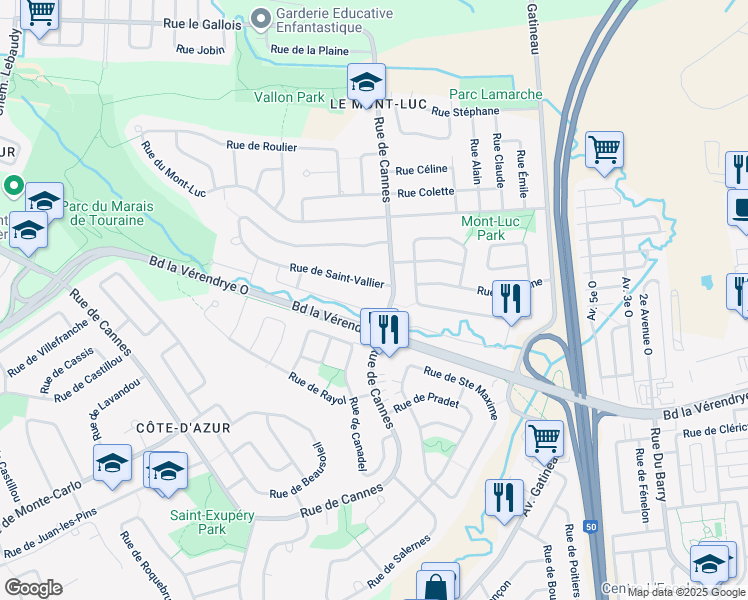 map of restaurants, bars, coffee shops, grocery stores, and more near 103 Rue Levens in Gatineau