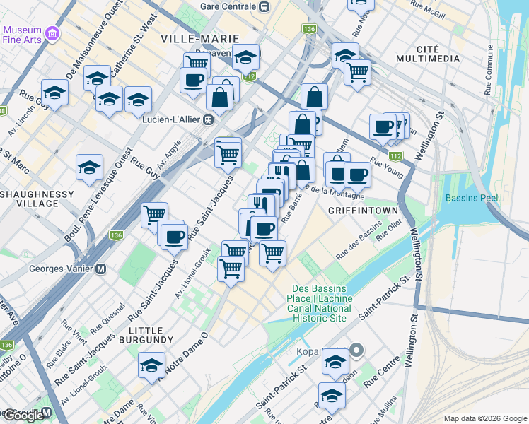 map of restaurants, bars, coffee shops, grocery stores, and more near 1431 Rue Notre-Dame Ouest in Montréal